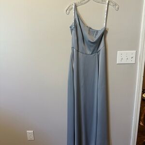 David's Bridal Dusty Blue One-Shoulder Gown